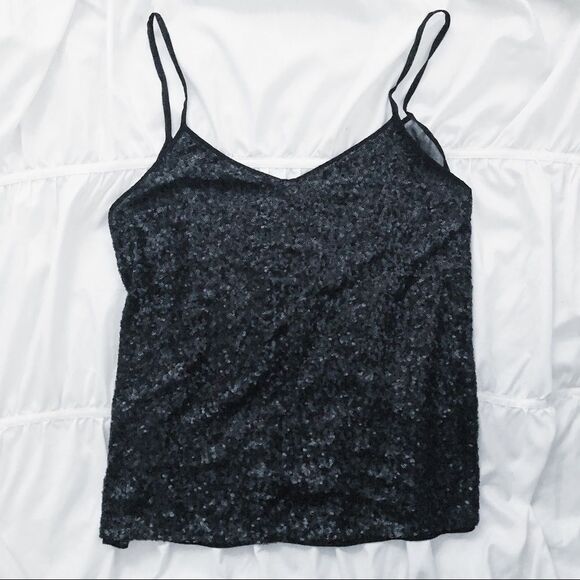 Zara Tops - Zara Basic Black Sequin Tank Top Sheer Back Party Top